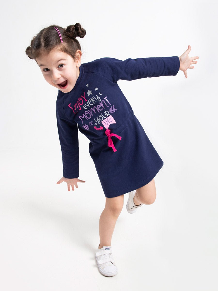 Girls Dark Blue Long Sleeve Dress with Enjoy Every Moment Print