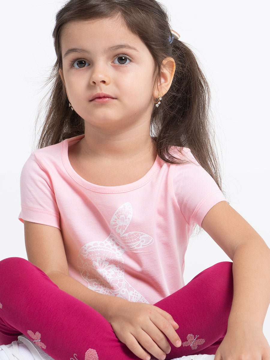 Girls Pink T-shirt with Lace Rabbit Print