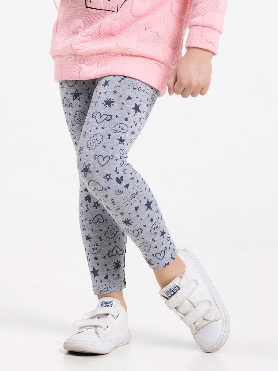 Girl Grey Leggings with Funny Doodles Print