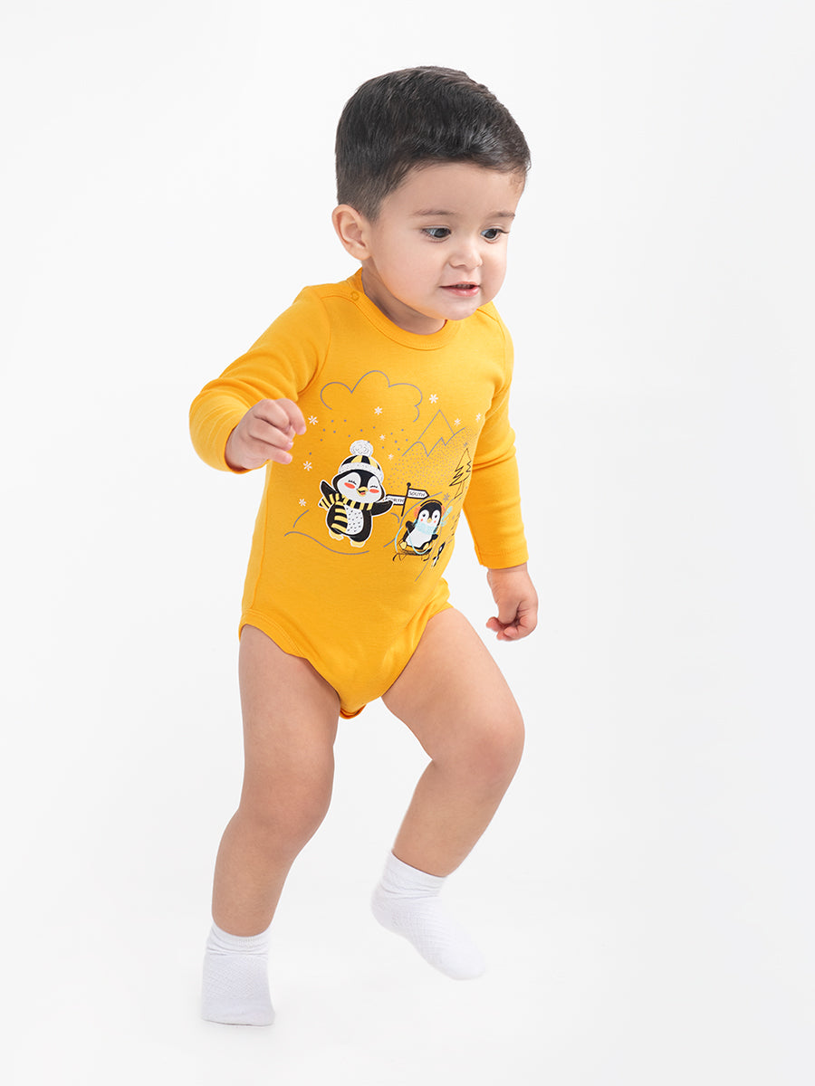 Newborn Baby Boys Orange Bodysuit with Penguin Friends Print