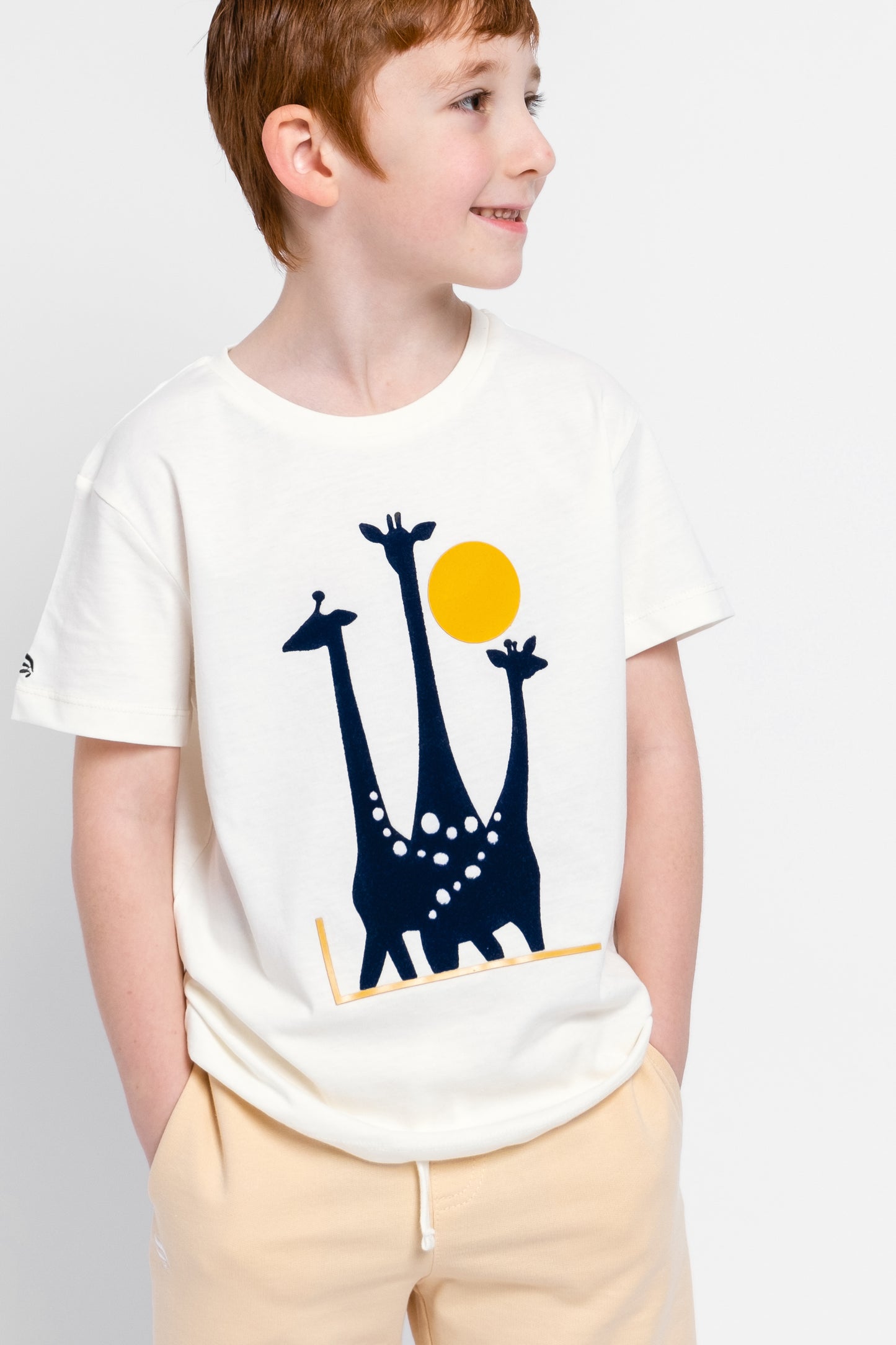 Short Sleeve T-Shirt with (Giraffe Family) Flock Graphic Print - White