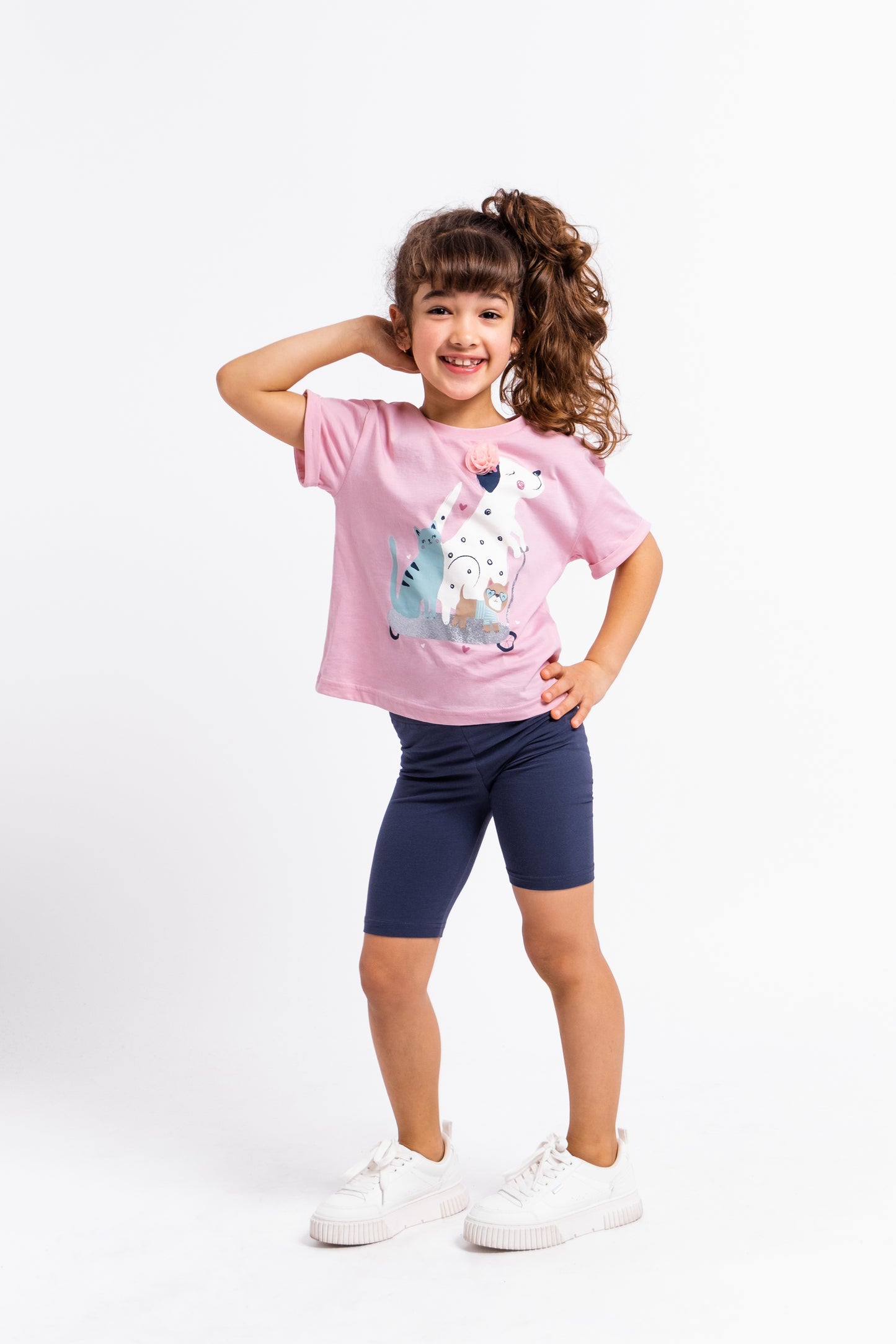 Short Sleeve T-Shirt With (Animal Friends) Embellished & Glitter Graphic - Pink