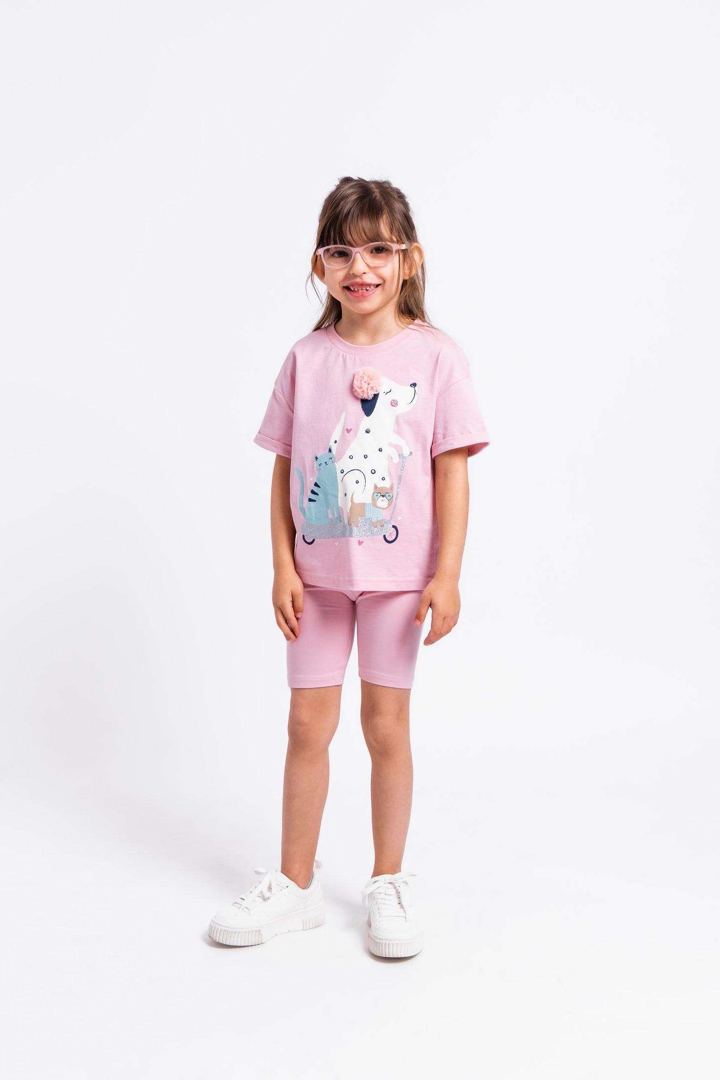 Short Sleeve T-Shirt With (Animal Friends) Embellished & Glitter Graphic - Pink