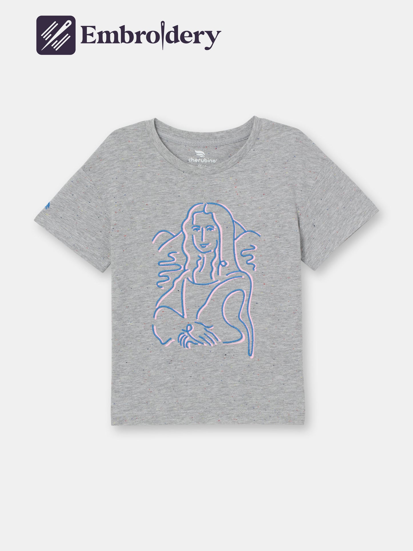 Short Sleeve T-Shirt with Embroidered (Mona Lisa) Print - Grey