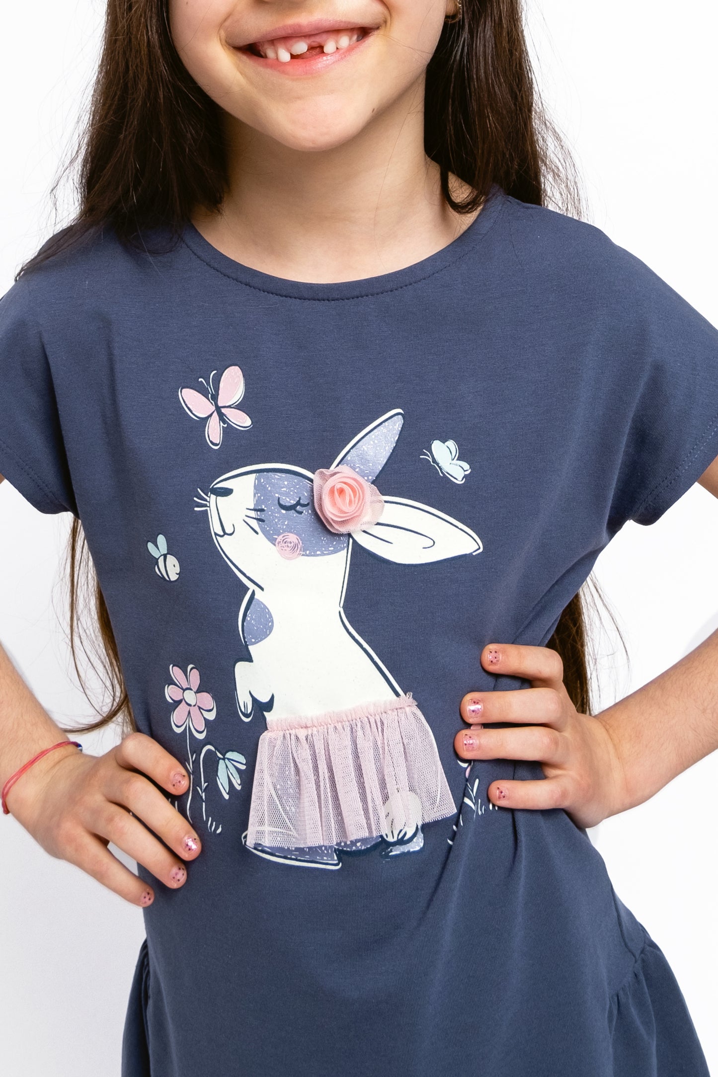 Cherubino "A-Line Charm" Bunny Print Dress for Girls in Dark Grey