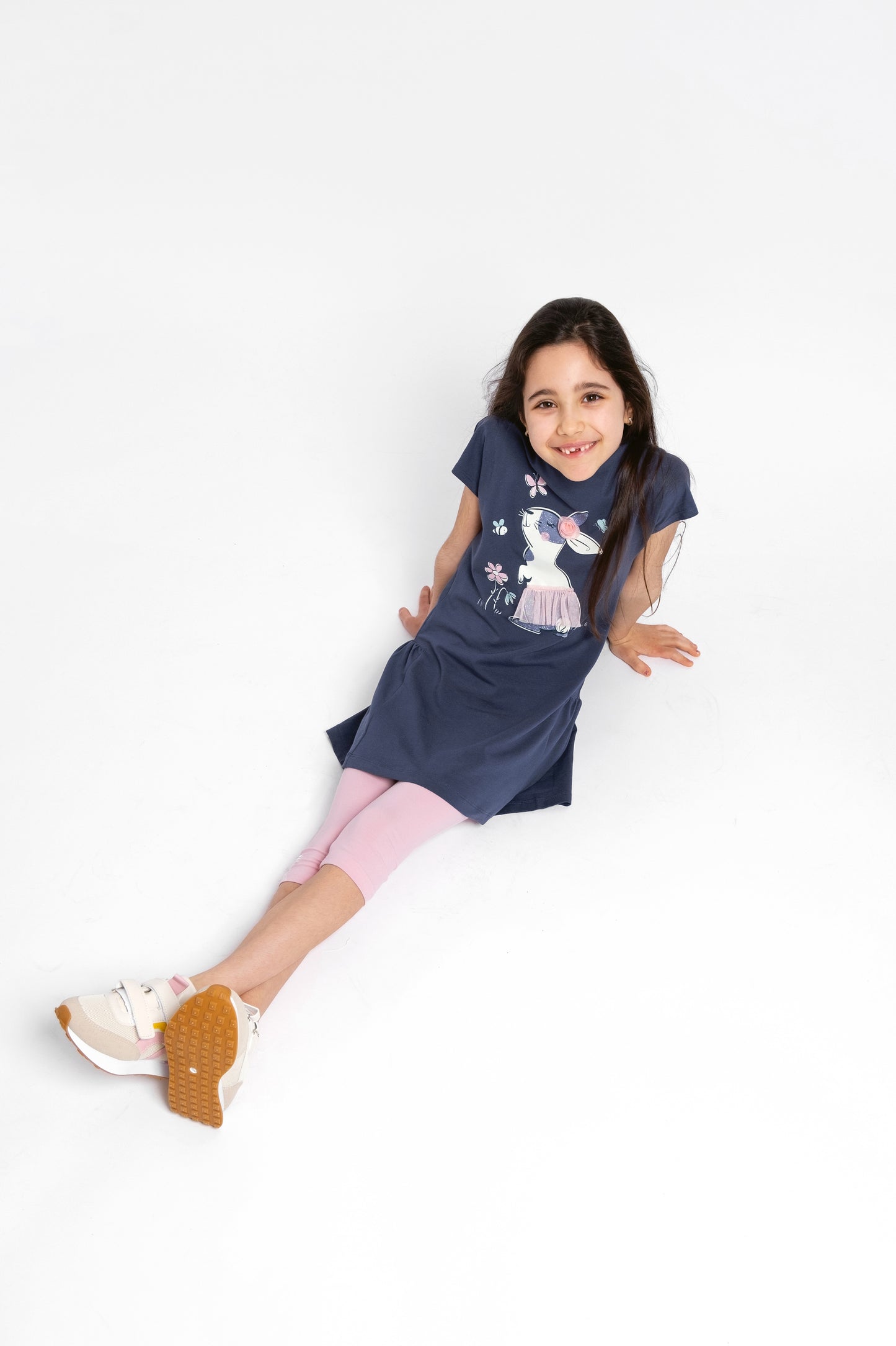 Cherubino "A-Line Charm" Bunny Print Dress for Girls in Dark Grey