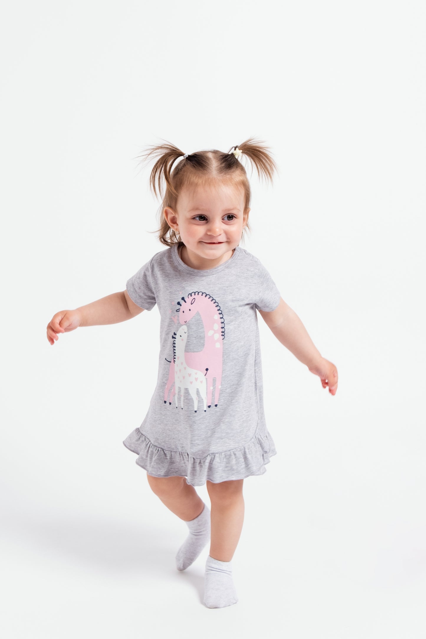 Short Sleeve Flutter Trim Dress with (Baby Kiss) Graphic - Grey