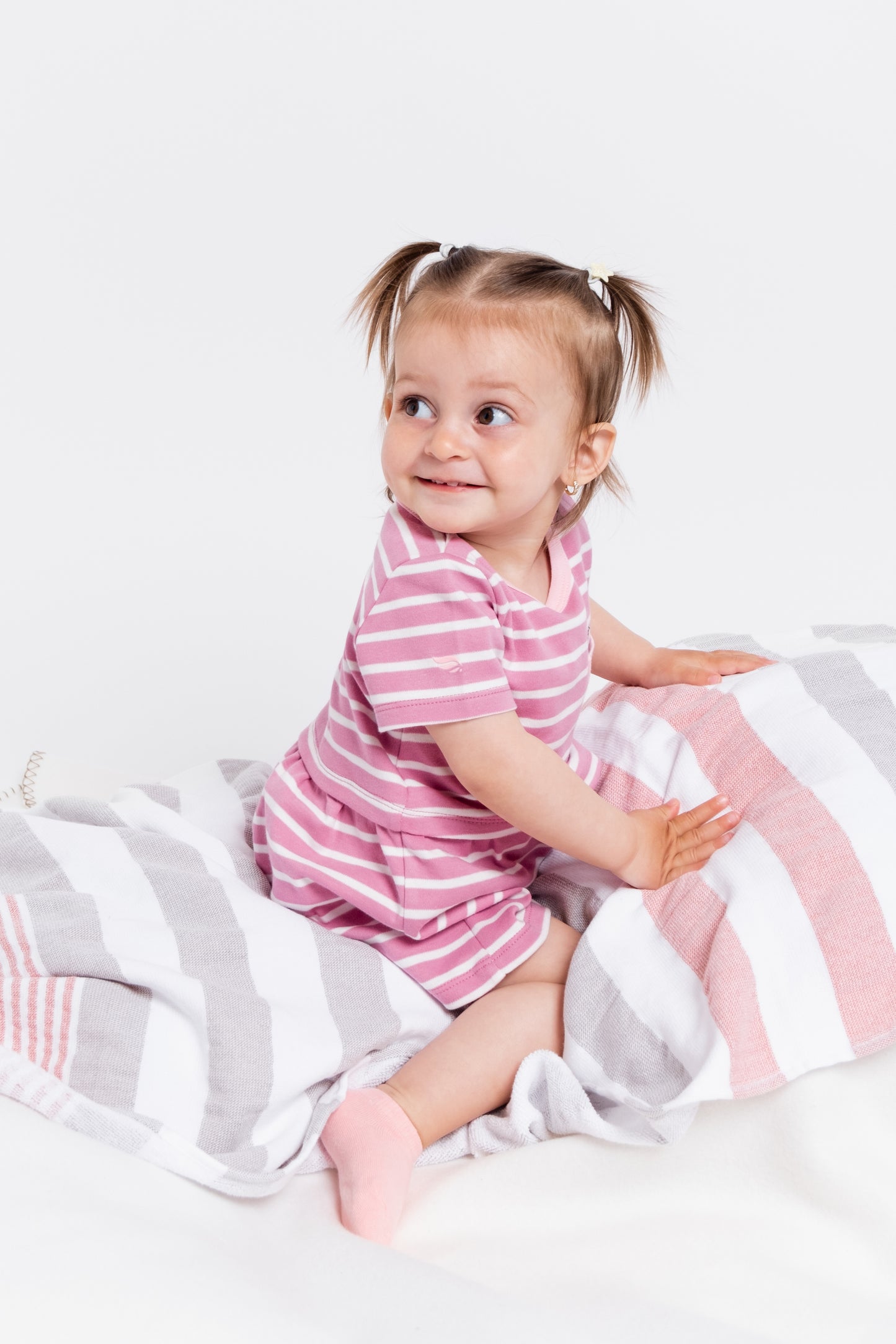 Short Sleeve Dress in (Mini Stripe) Pattern with Patch Pocket - Raspberry