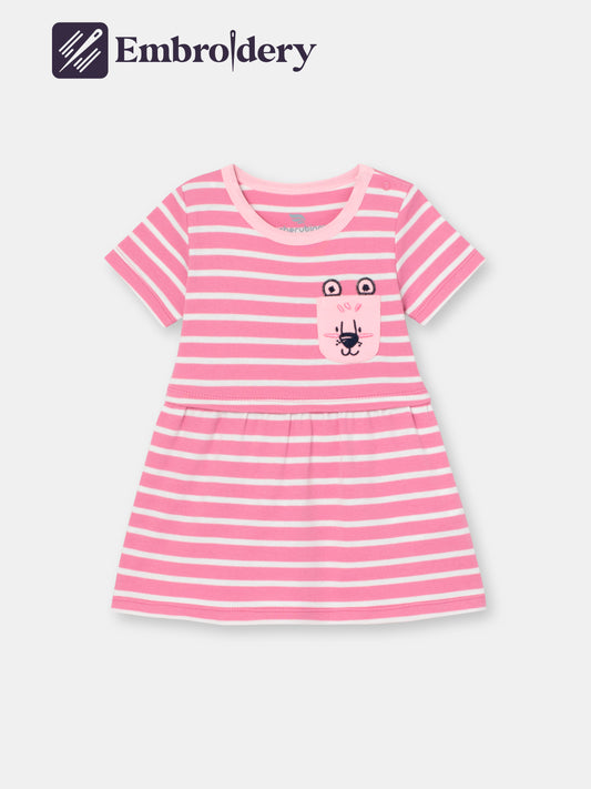 Short Sleeve Dress in (Mini Stripe) Pattern with Patch Pocket - Raspberry