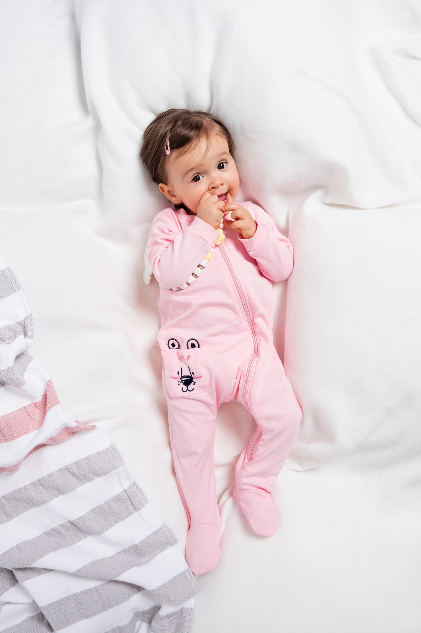 Solid On-the-Go Zipper Jumpsuit with Non-Slip Footies with Embroidered Pocket - Pink