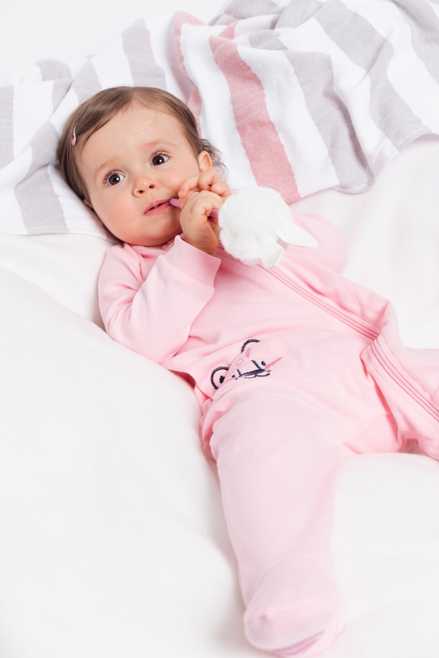 Solid On-the-Go Zipper Jumpsuit with Non-Slip Footies with Embroidered Pocket - Pink