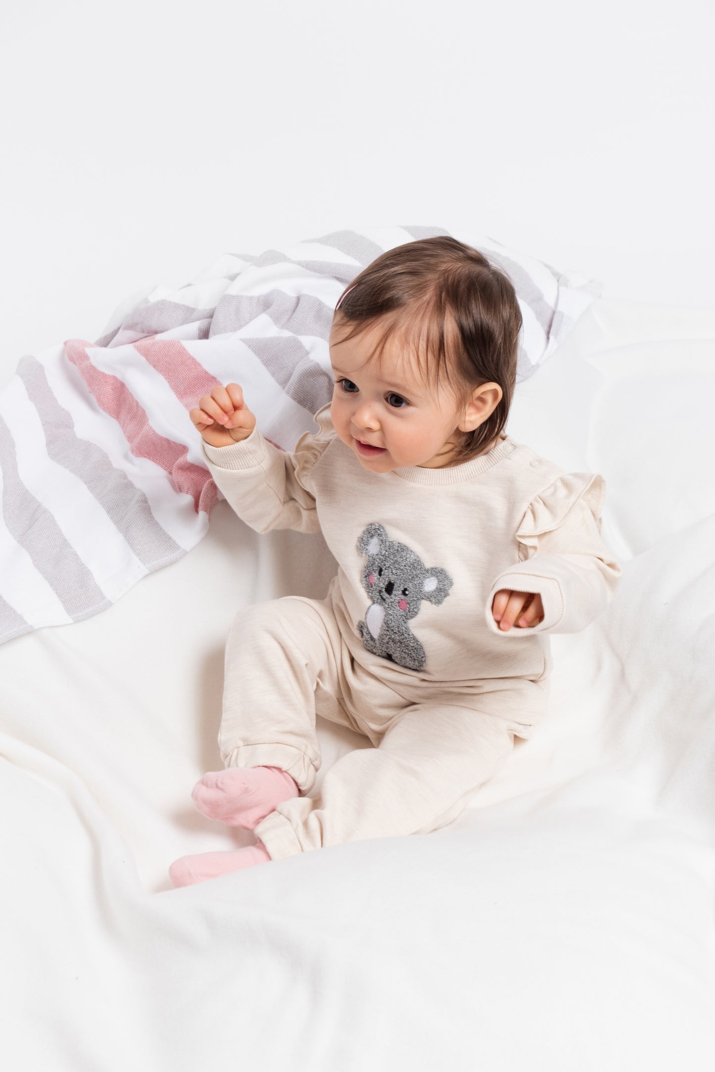 Two Piece Chenille (Koala) Embroidery Flutter Sweatshirt & Jogger Set - Ecru