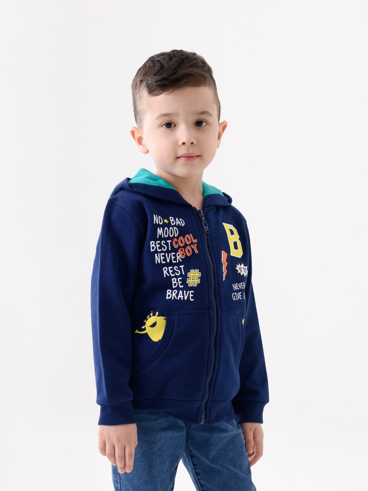 Hoodie Bomber with Brave Boy Graphic - Dark Blue