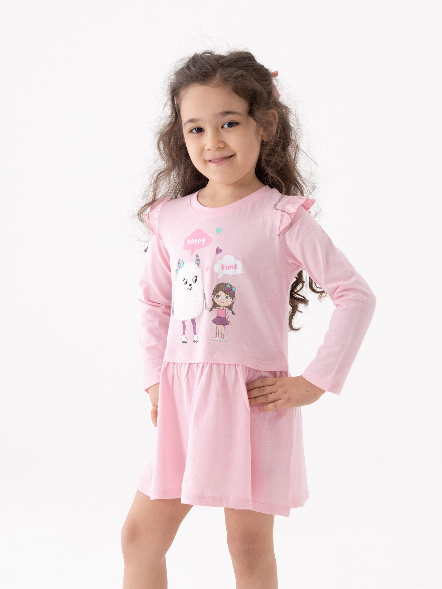 Long Sleeve Dress with Monster Friends Graphic - Pink