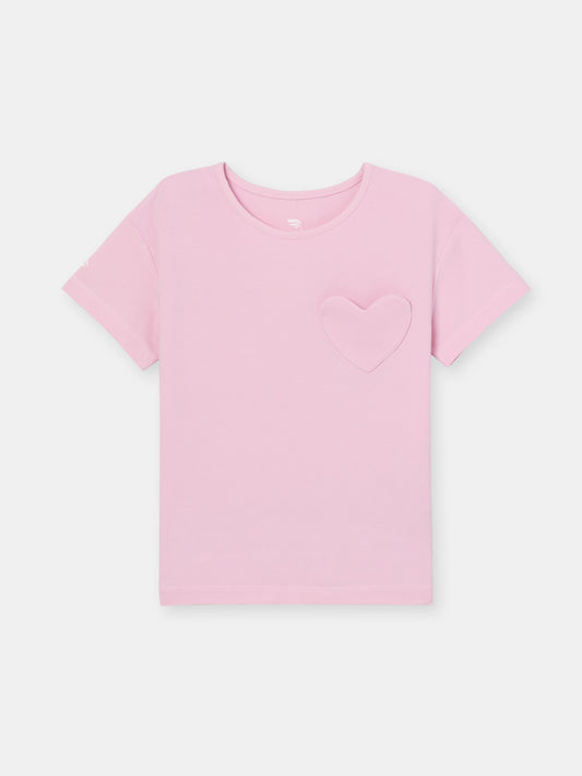 Solid Short Sleeve T-Shirt with Heart Pocket - Pink