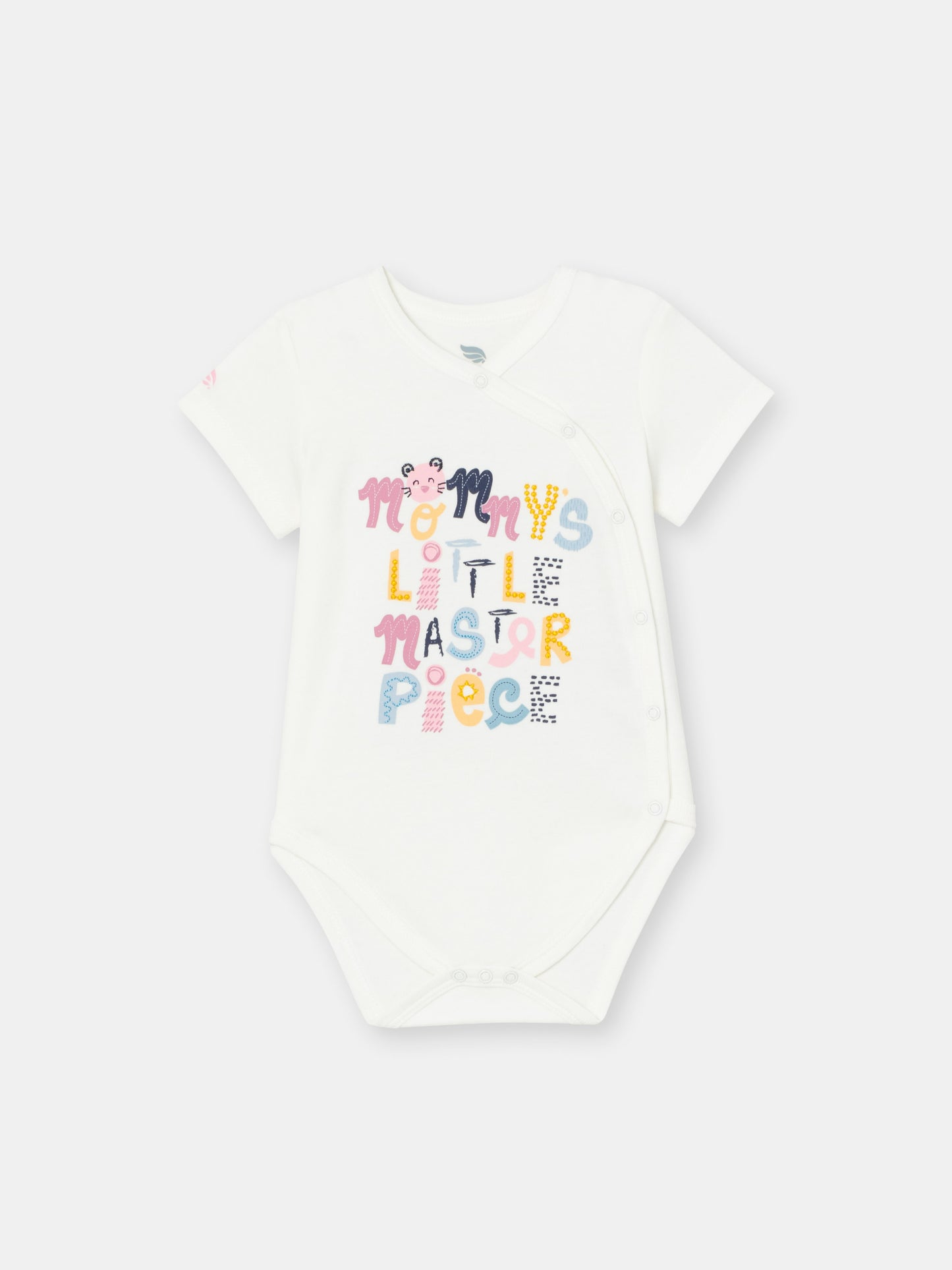 Short Sleeve Wrap Front Bodysuit with (Masterpiece) Phrase Graphic - White