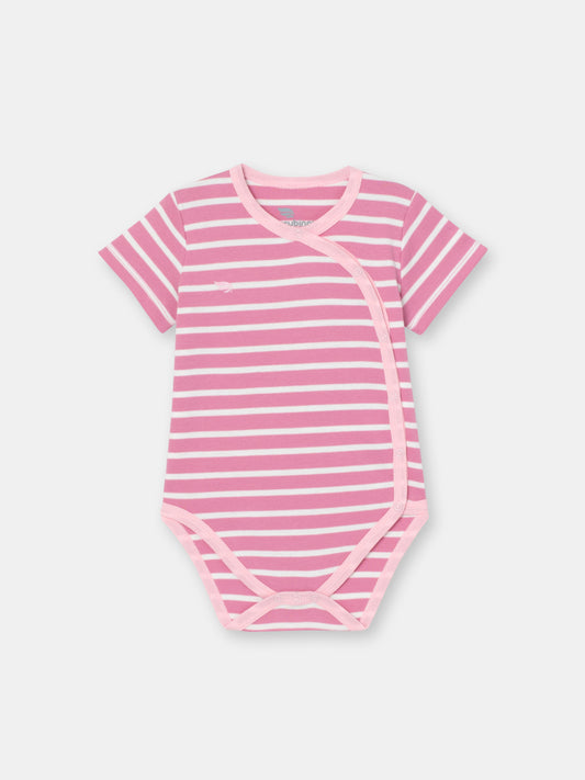 Short Sleeve Wrap Front Bodysuit with (Mini Stripe) Pattern - Raspberry