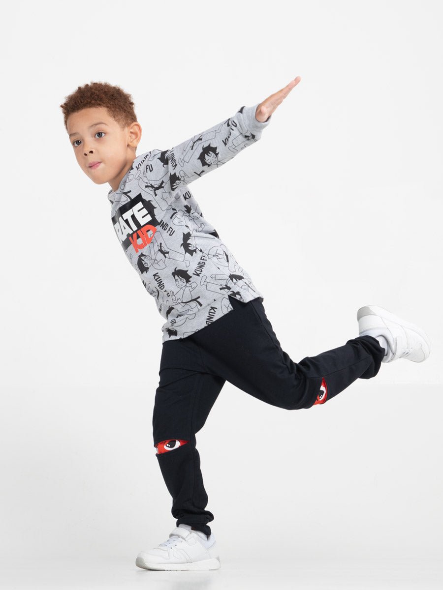CWKB 70076-22-283 - Cherubino boys black pants with kung fu eyes print - model2
