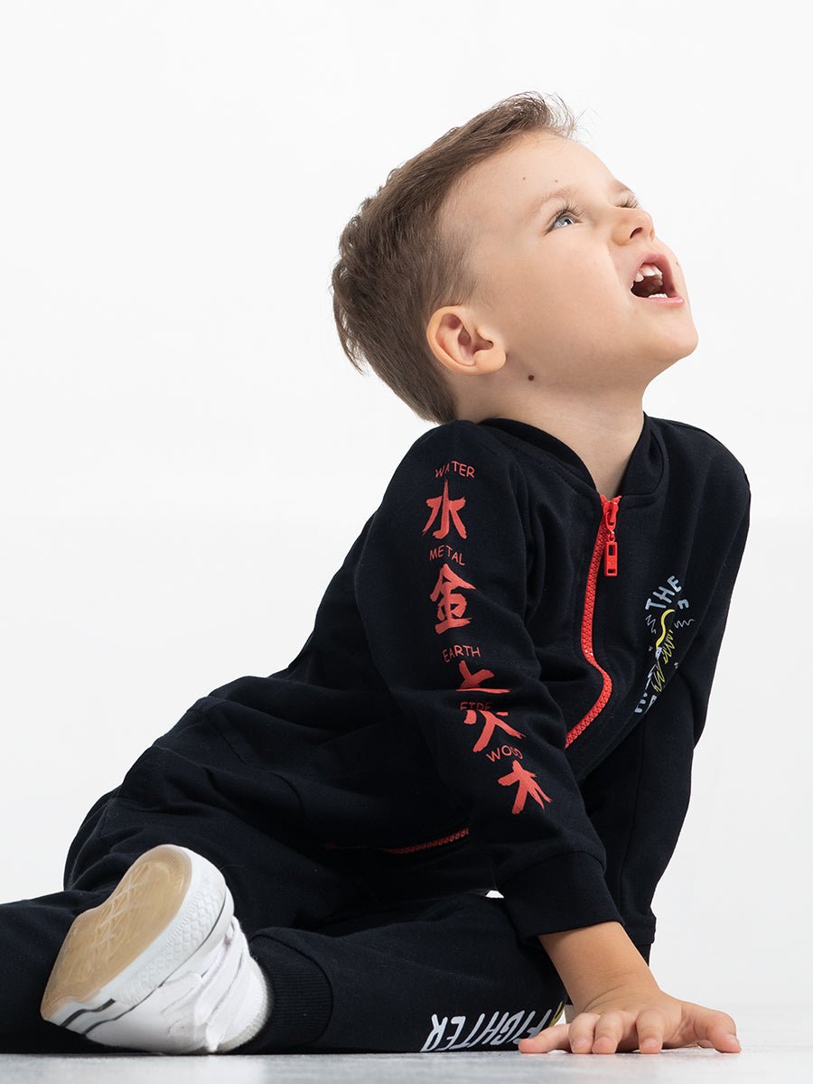 Boys Black Hoodie with Kung Fu Master Print