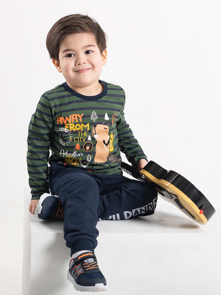 Boys Khaki Long Sleeve T-shirt with Cool Beaver Print