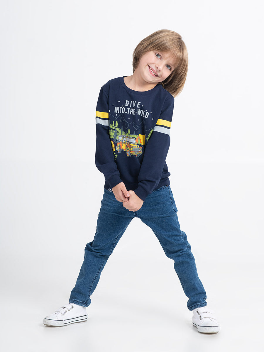 Boys Dark Blue Sweatshirt with Dive Into World Print