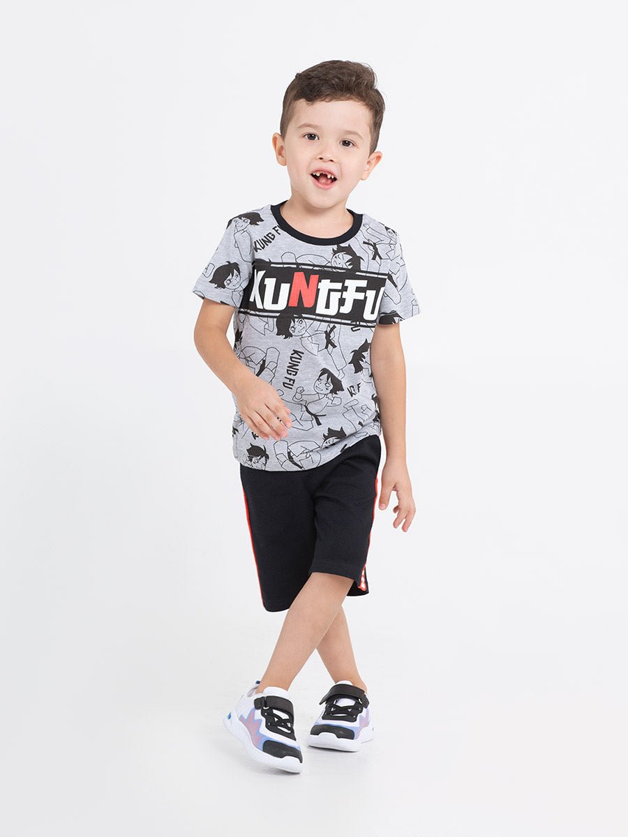 Boys Black Shorts with Kung Fu Print