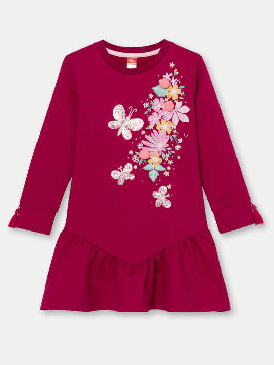 CWKG 62886-24-290 - Cherubino girls burgundy dress with flowers and butterflies print - front