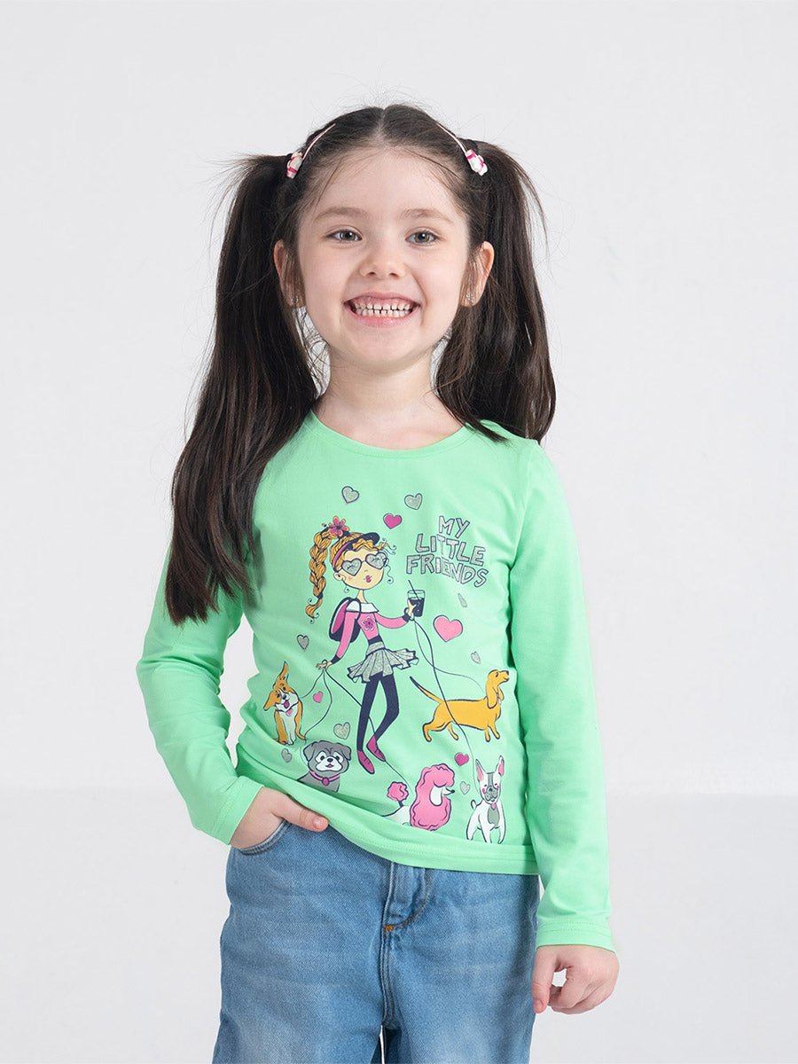 Girls Green Long Sleeve T-shirt with Little Friends Print