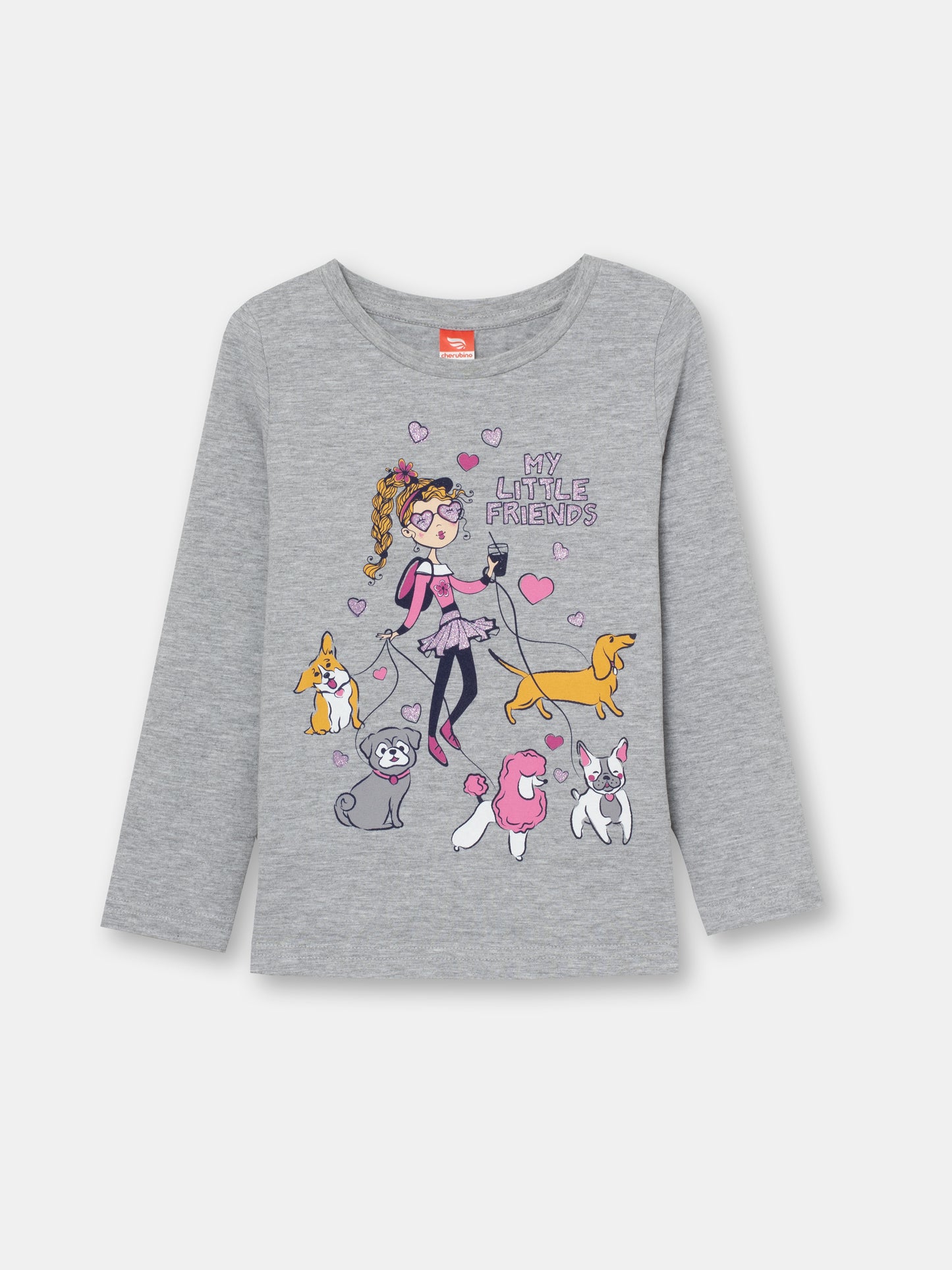 CWKG 62807-11-282 - Cherubino girls light grey melange long sleeve t-shirt with little friends print - front