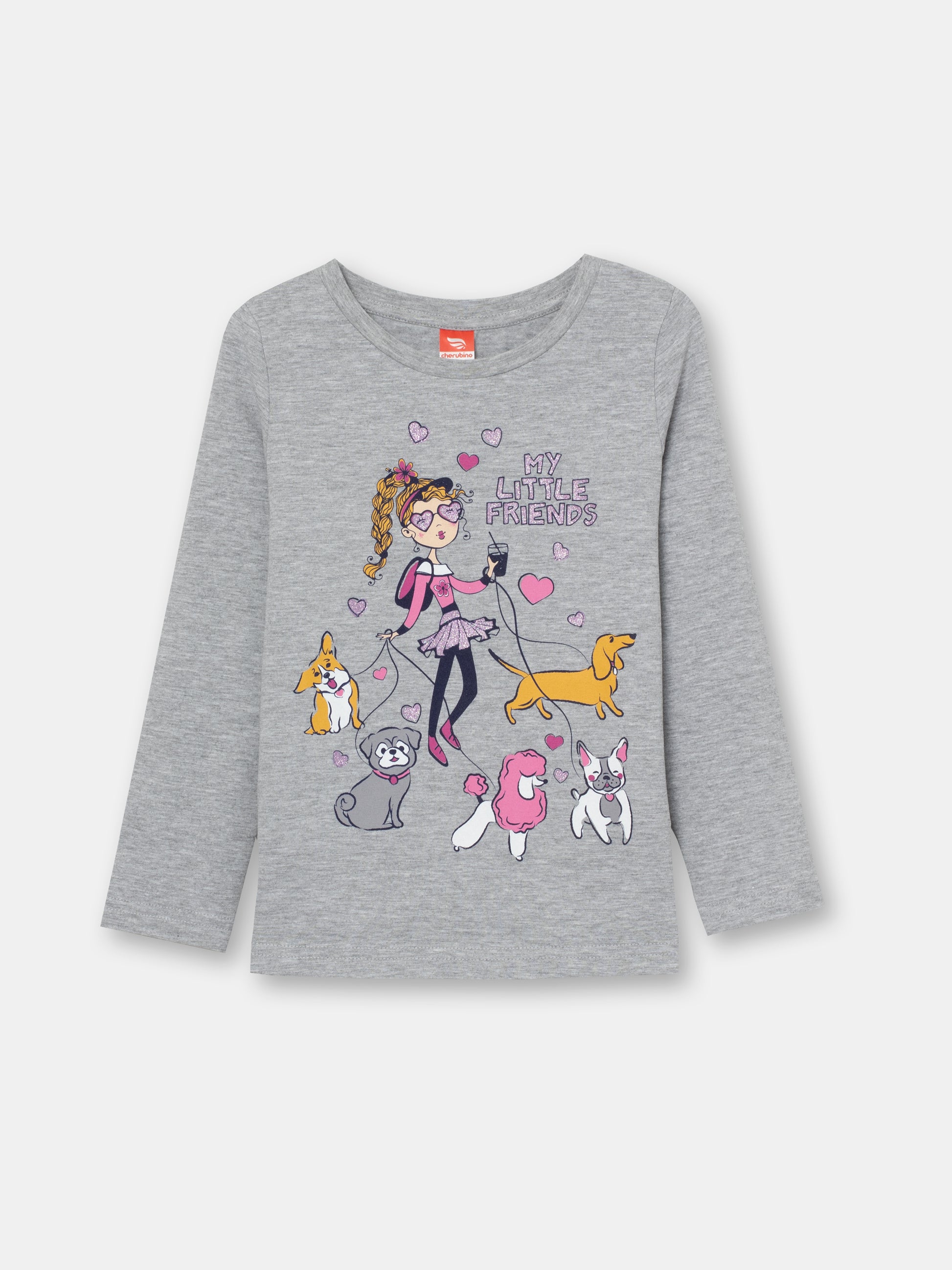 CWKG 62807-11-282 - Cherubino girls light grey melange long sleeve t-shirt with little friends print - front