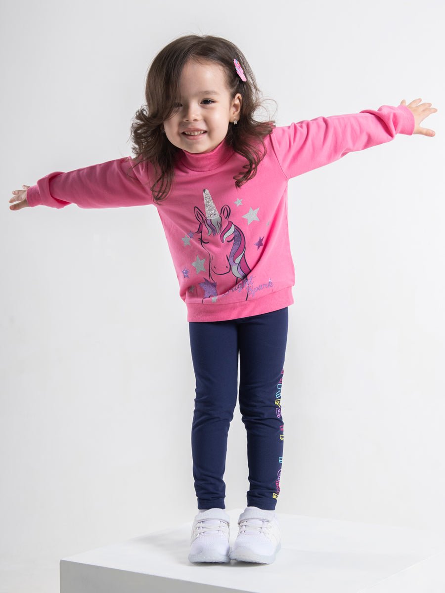 Girls Raspberry Turtleneck with Sparkling Unicorn Print