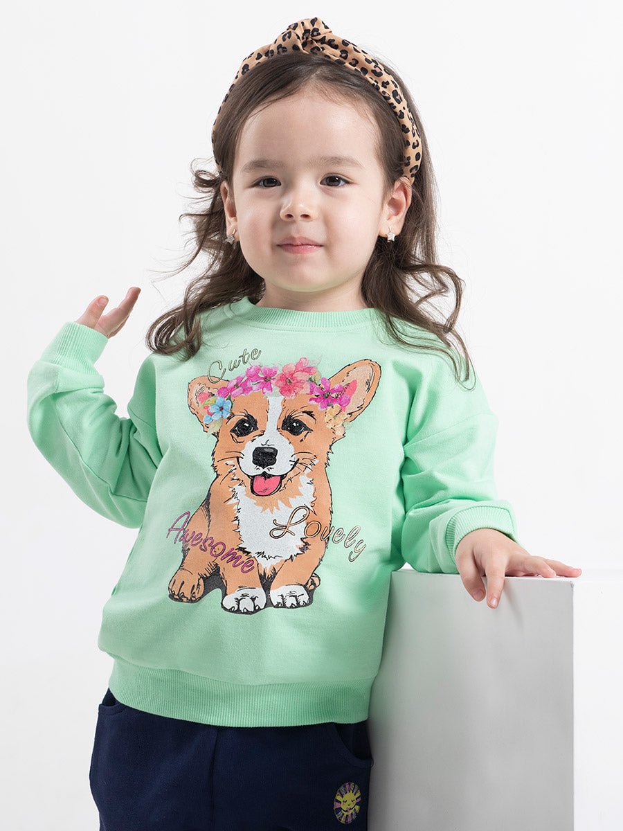 Girls Green Sweatshirt with Cute Corgi Puppy Print