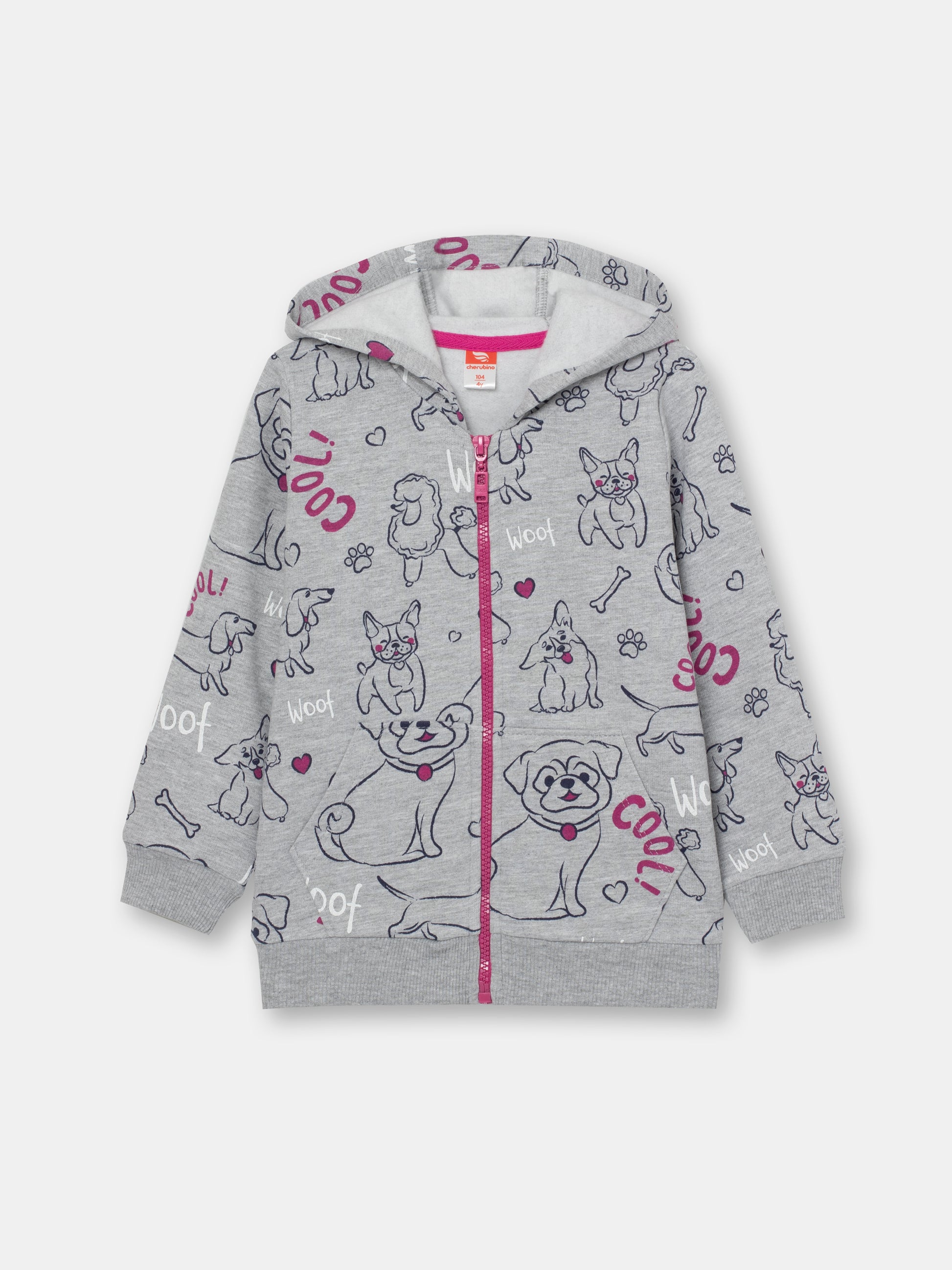 CWKG 62811-11-282 - Cherubino girls light grey melange hoodie with cute puppies print - front