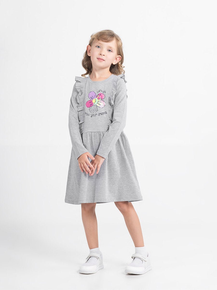 Girls Grey Dress with Flower Print