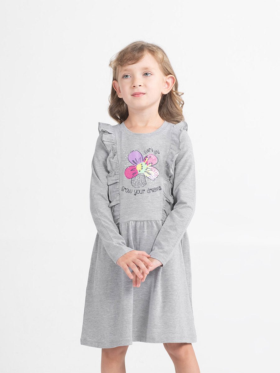 Girls Grey Dress with Flower Print