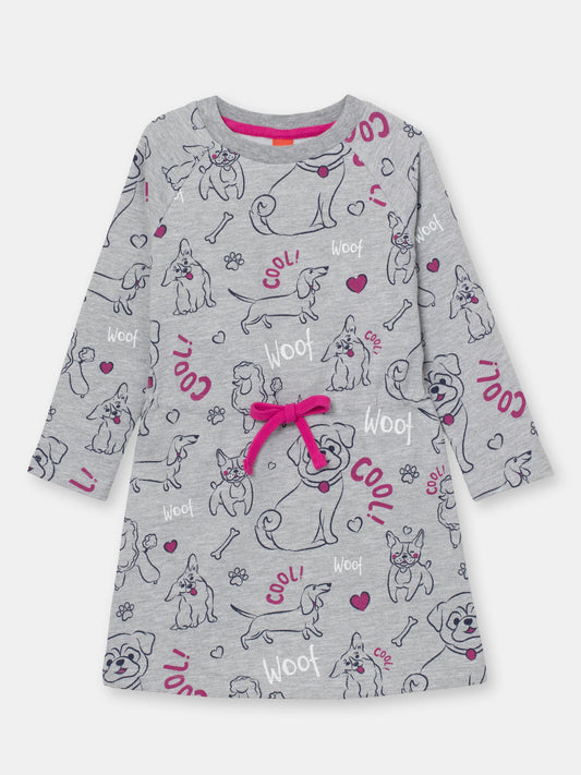 Girls Grey Long Sleeve Dress with Cute Puppies Print
