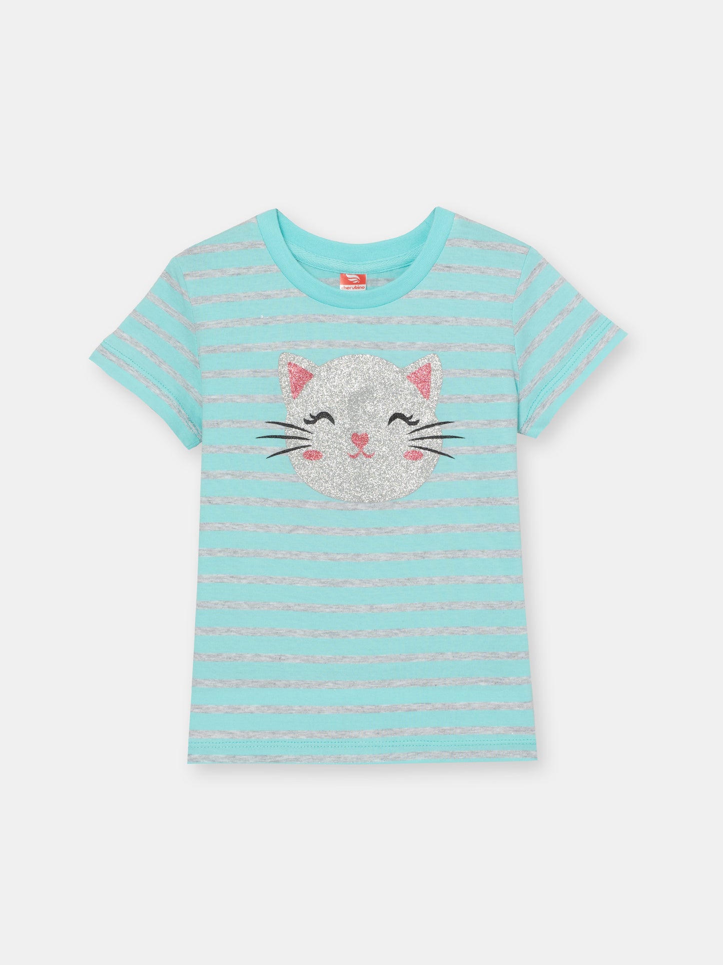 CWKG 62844-40-286 - Cherubino girls sky blue t-shirt with glitter kitten print - front