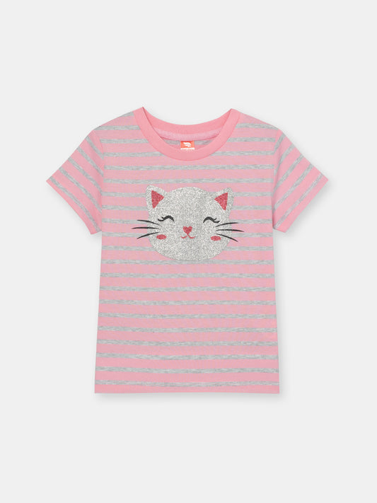 CWKG 62844-27-286 - Cherubino girls cotton candy pink t-shirt with glitter kitten print - front
