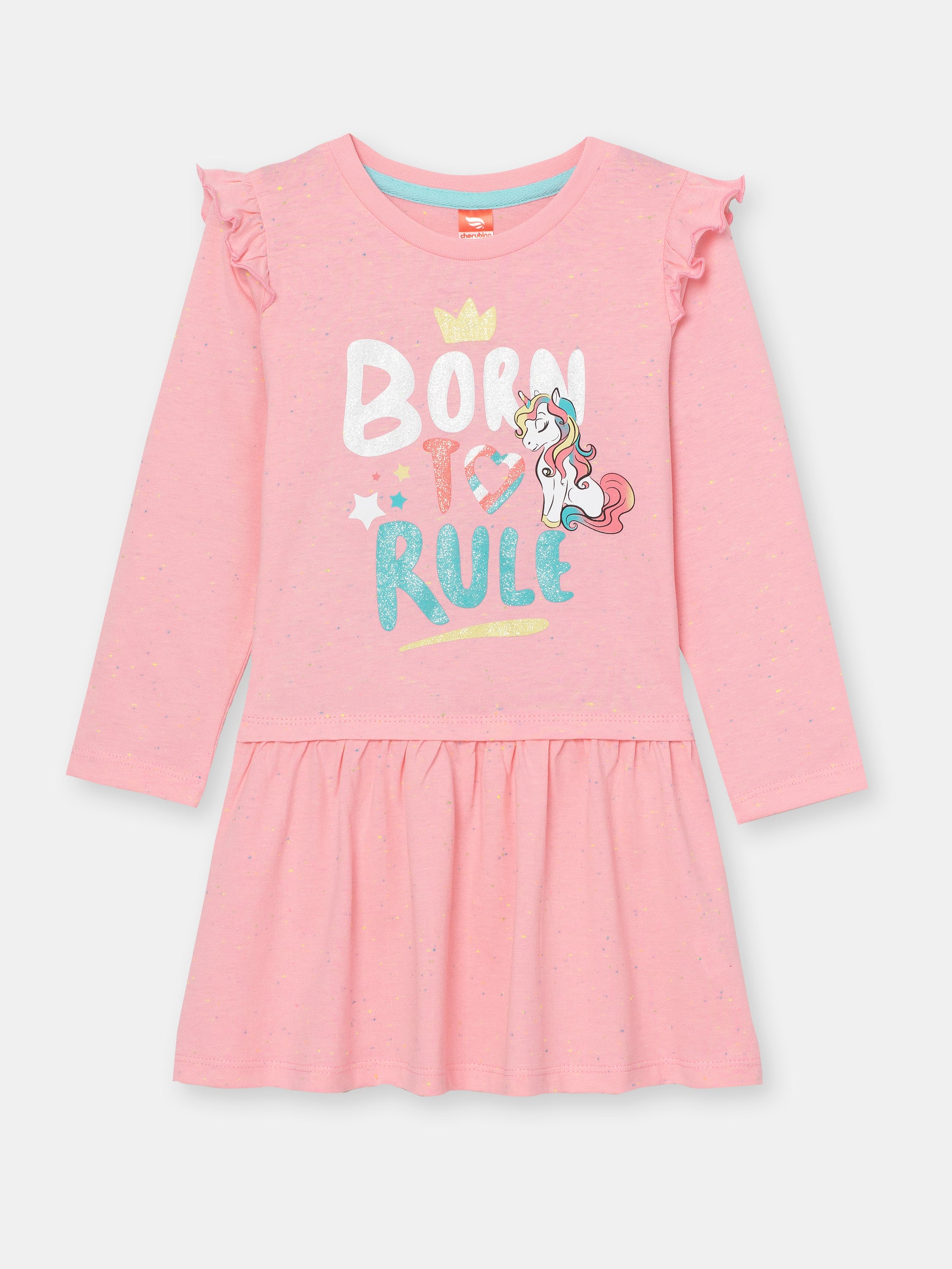 CWKG 62851-27-286 - Cherubino girls cotton candy pink dress with born to rule print - front