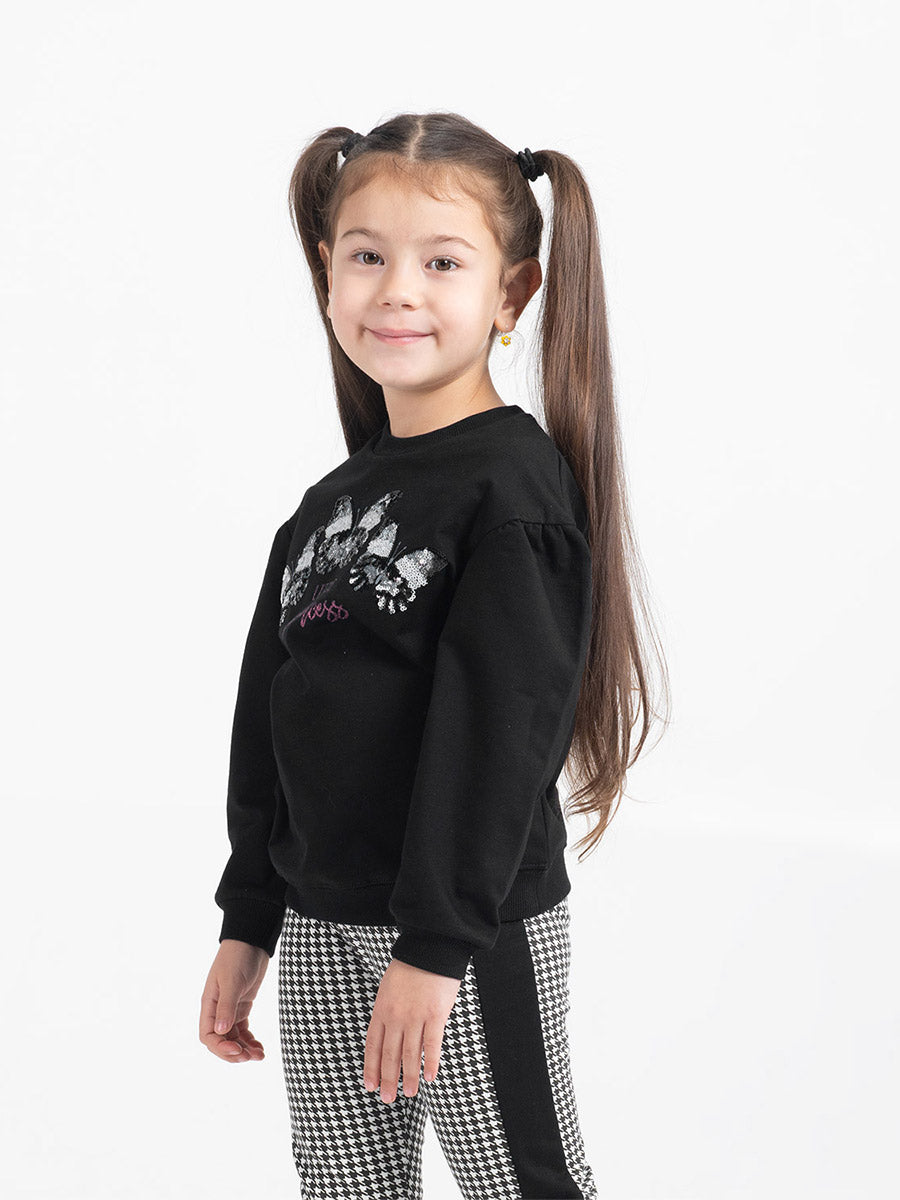 Girls Black Sweatshirt with Glitter Butterflies Print