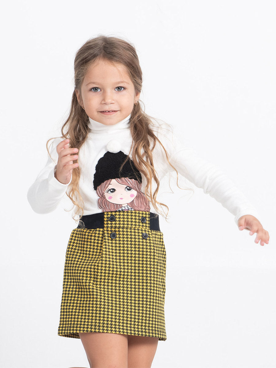 Girls White Turtleneck with Girl in Hat Print