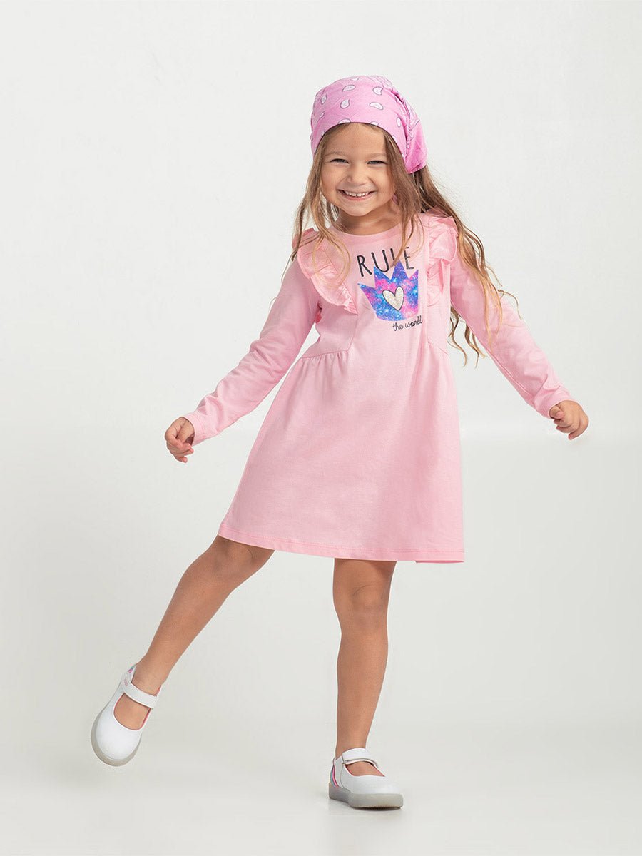 Girls Pink Dress with Rule the World Print