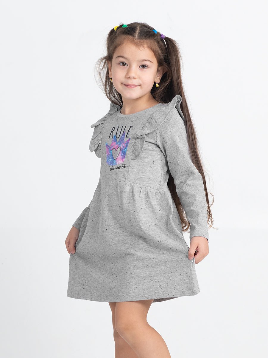 Girls Grey Dress with Rule the World Print
