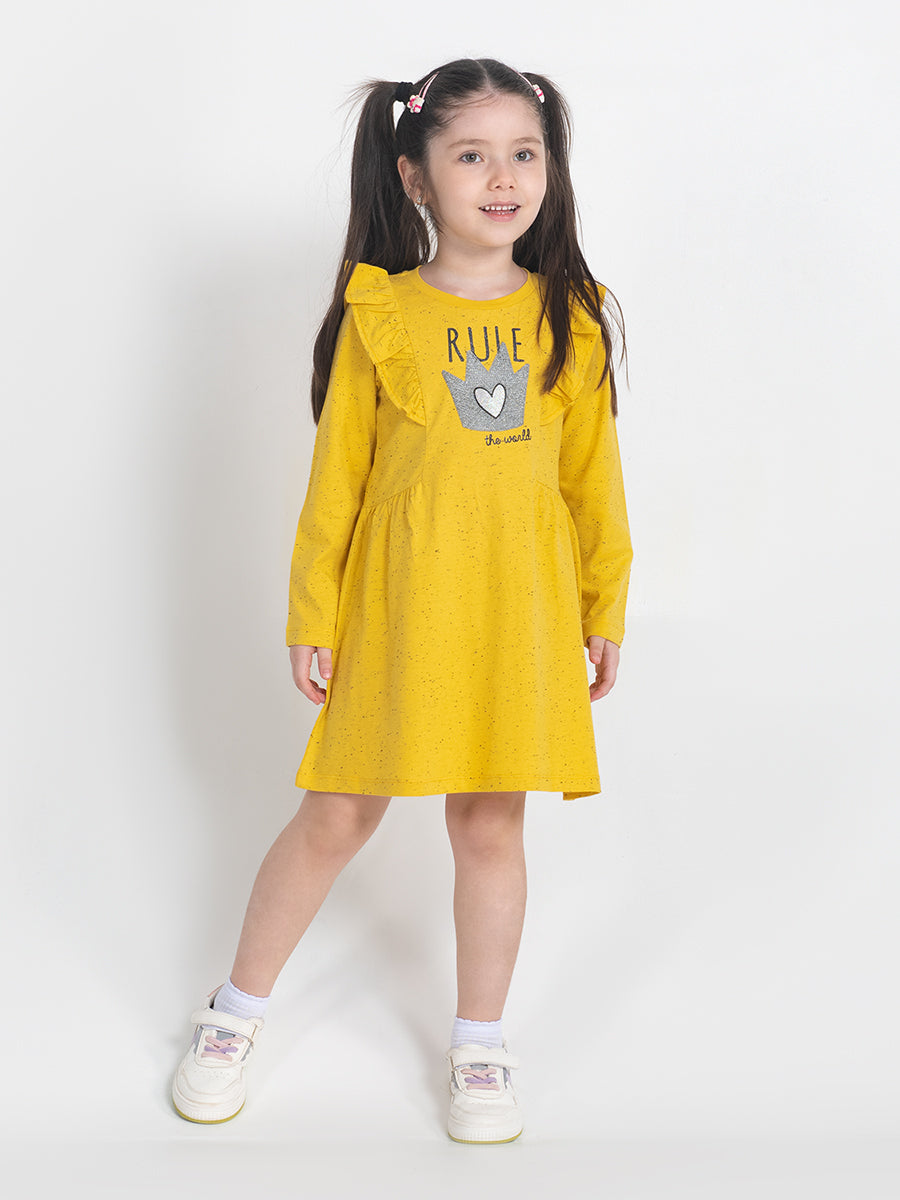 Girls Yellow Dress with Rule the World Print