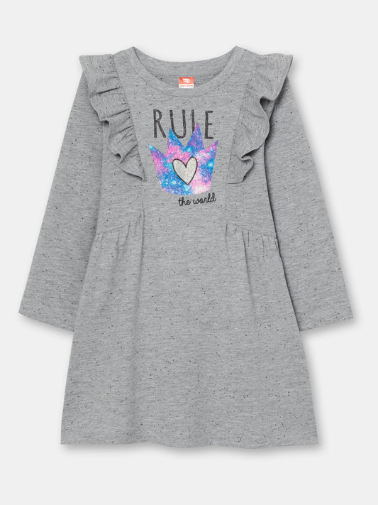 CWKG 62888-11-290 - Cherubino girls light grey melange dress with rule the world print - front
