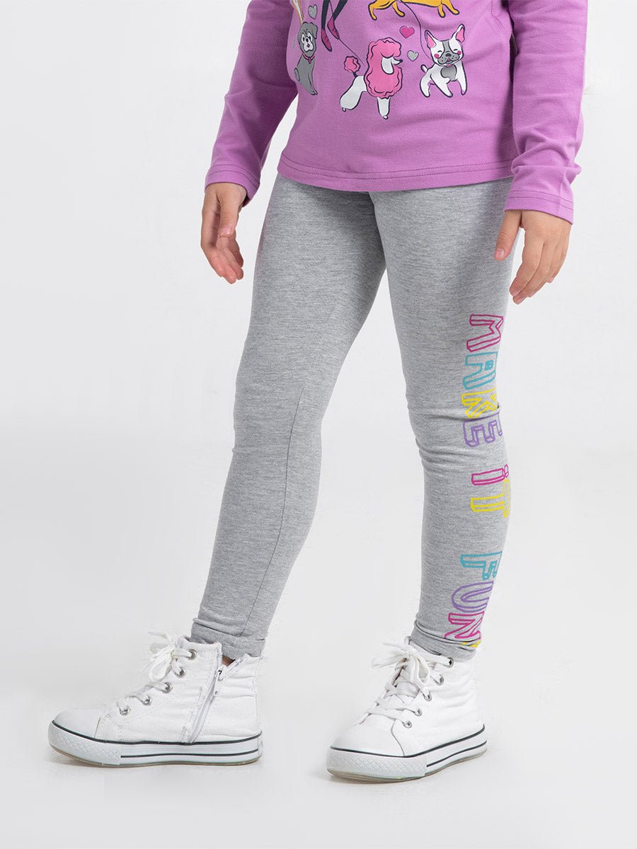 Girls Grey Leggings with Make It Fun Print