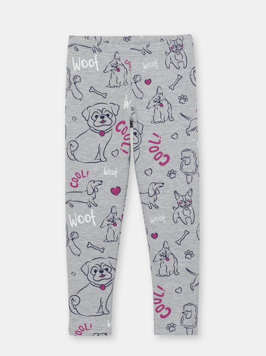 Girls Grey Leggings with Cute Puppies Print