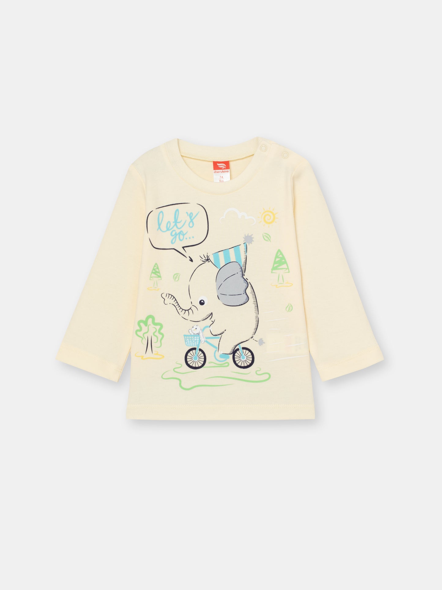 CWNB 62833-21-285 - Cherubino baby boys ecru long sleeve t-shirt with elefunto on bike print - front
