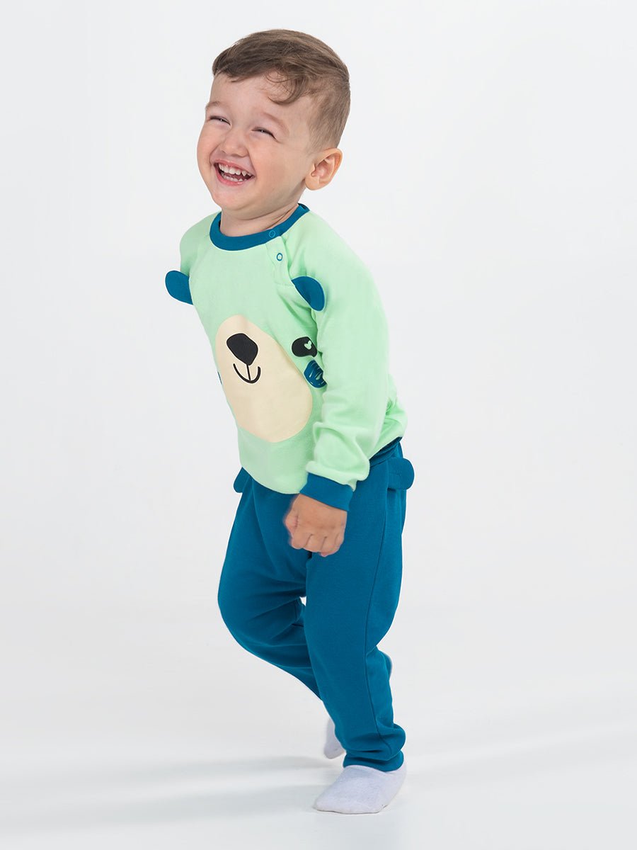 CWNB 70081-39-285 - Cherubino newborn baby boys dark blue pants with bear face print - model2