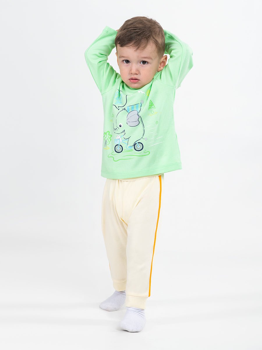 CWNB 70082-21-285 - Cherubino newborn baby boys ecru pants with hello elefunto embroidery - model2